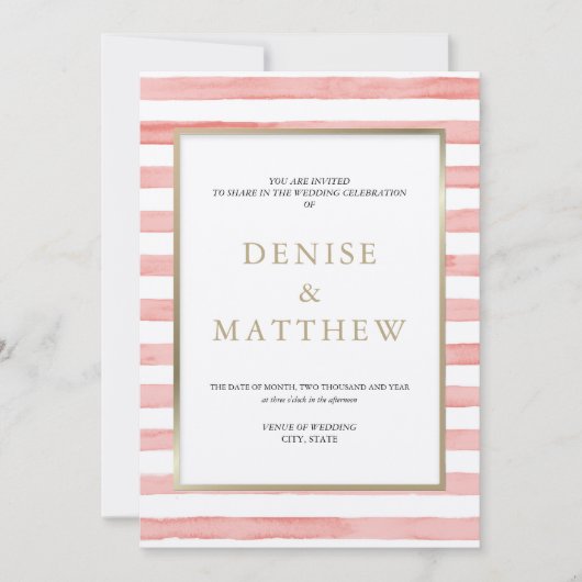 Gossamer Pink Aquarellstreifen & Goldbriefe Einladung (Vorderseite)