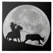 "Gotcha" Cowboy und Pferdesteg Roping Vollmond Fliese (Vorderseite)