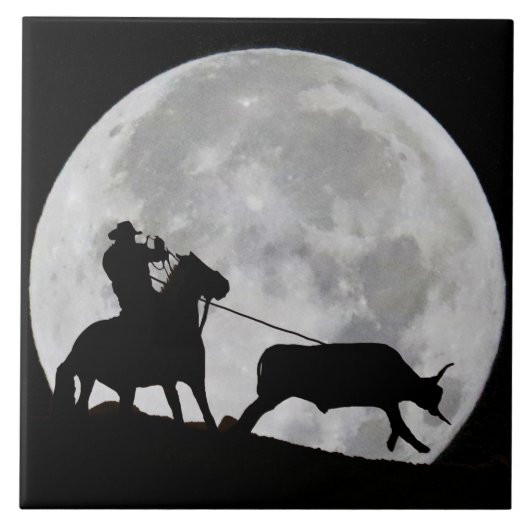 "Gotcha" Cowboy und Pferdesteg Roping Vollmond Fliese (Vorderseite)
