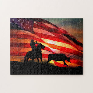Gotcha Cowboy und Steh mit amerikanischer Flagge Puzzle