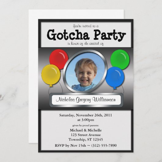 Gotcha Party Ballon Adoption Einladung (Vorne/Hinten)