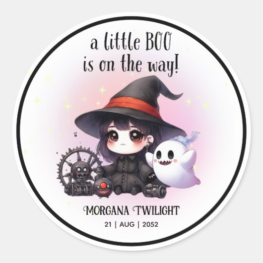 Goth Baby Girl Witch Little Boo on Way Runder Aufkleber (Vorderseite)