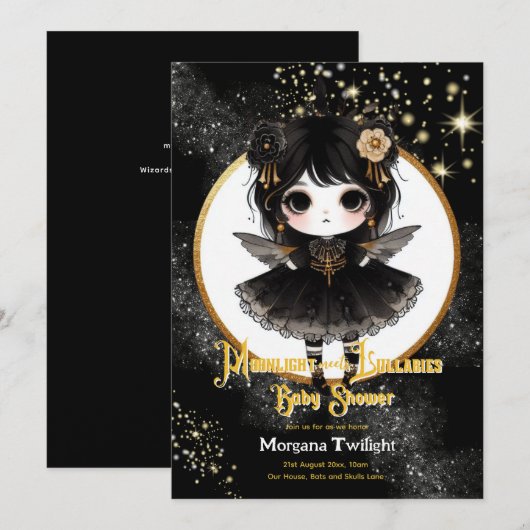 Goth Baby Shower Niedlich Girl Moonlight Lullabies Einladung (Vorne/Hinten)