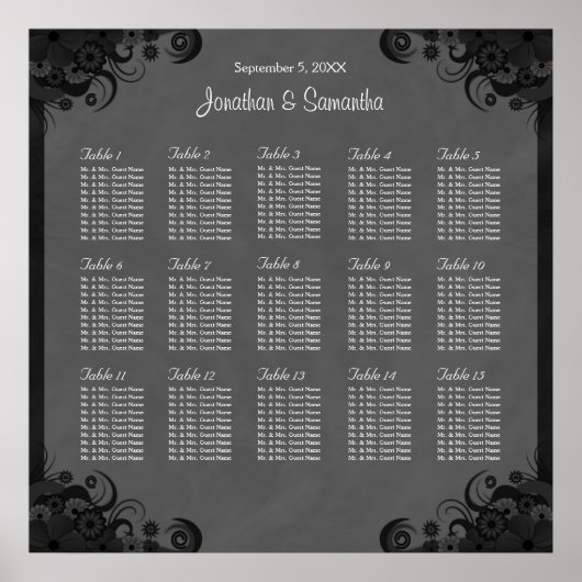 Goth Black and Gray Wedding 15 Table Seating Chart Poster (Vorne)