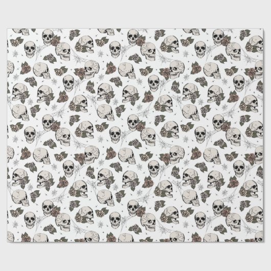 Goth Black and White Skull and Blume Halloween Geschenkpapier (Flach)