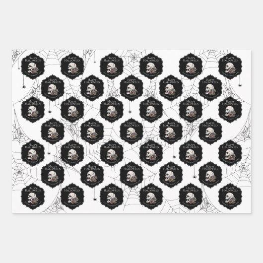 Goth Black and White Skulls and Stripes Halloween Geschenkpapier Set (Vorderseite)