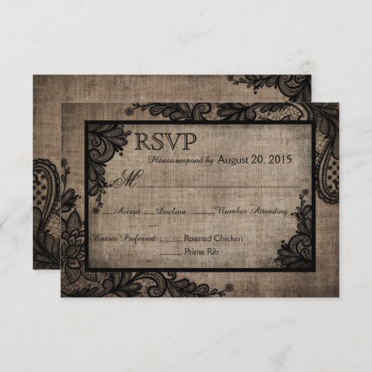 Goth Black Lace Rustic Burlap RSVP Karte (Vorne/Hinten)