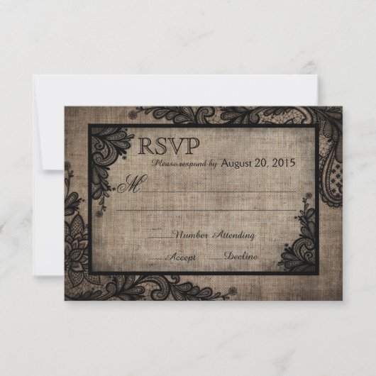 Goth Black Lace Rustic Burlap RSVP Karte (Vorderseite)