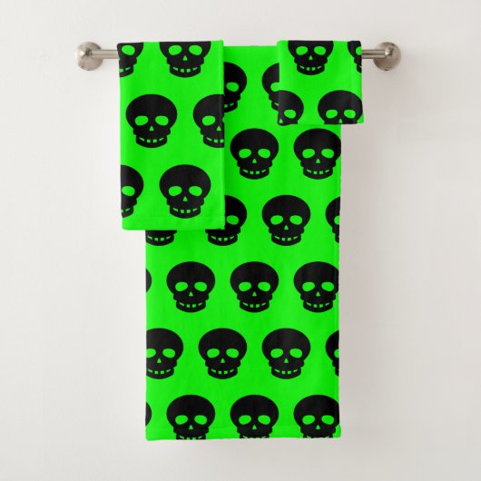Goth Black Lime Green Skull Pattern Badhandtuch Set (Insitu)