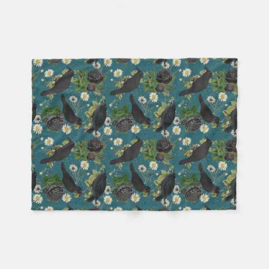 Goth Crows & Black Rose Tief Aquamarines Muster Fleecedecke (Vorderseite (Horizontal))