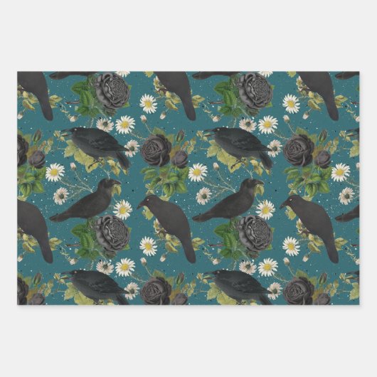 Goth Crows & Black Rose Tief Aquamarines Muster Geschenkpapier Set (Vorderseite 3)
