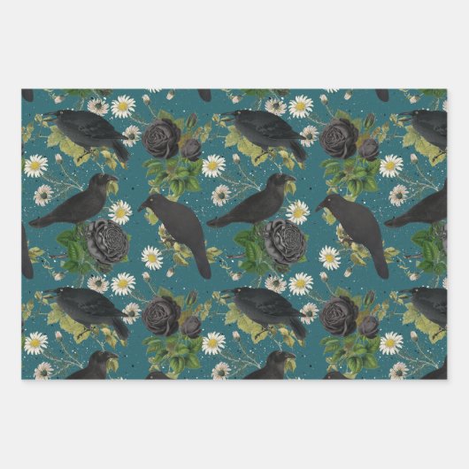 Goth Crows & Black Rose Tief Aquamarines Muster Geschenkpapier Set (Vorderseite 2)