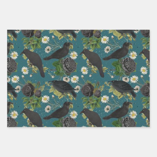 Goth Crows & Black Rose Tief Aquamarines Muster Geschenkpapier Set (Vorderseite)