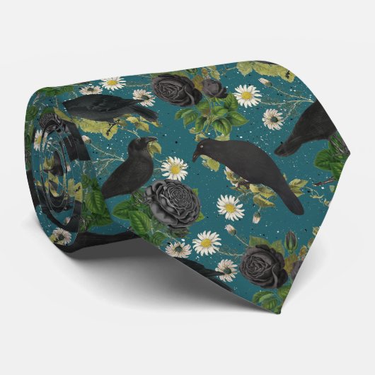 Goth Crows & Black Rose Tief Aquamarines Muster Krawatte (Gerollt)