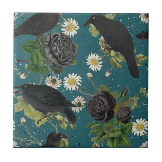 Goth Crows Black Rose Tief Aquamarines nahtloses M Fliese (Vorderseite)