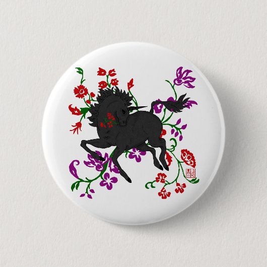 Goth Fantasie-Schwarzesunicorn-Pferd in den Blumen Button (Vorderseite)