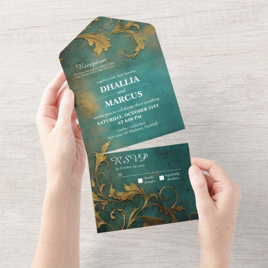 Goth Floral Aquamarin und Gold All In One Einladung (Abreißen)