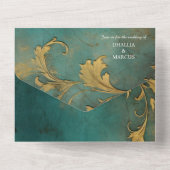 Goth Floral Aquamarin und Gold All In One Einladung (Rückseite)