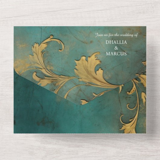 Goth Floral Aquamarin und Gold All In One Einladung (Rückseite)