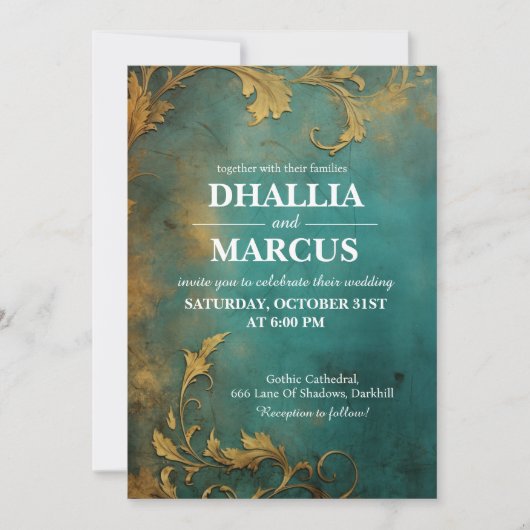 Goth Floral Aquamarin und Gold Einladung (Vorderseite)