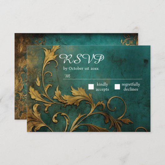 Goth Floral Aquamarin und Gold RSVP Karte (Vorne/Hinten)
