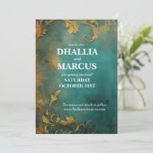 Goth Floral Aquamarin und Gold Save The Date (Stehend Vorderseite)