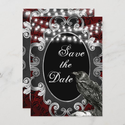 Goth Frame, Crow and Lights on Red Gothic Wedding Save The Date (Vorne/Hinten)
