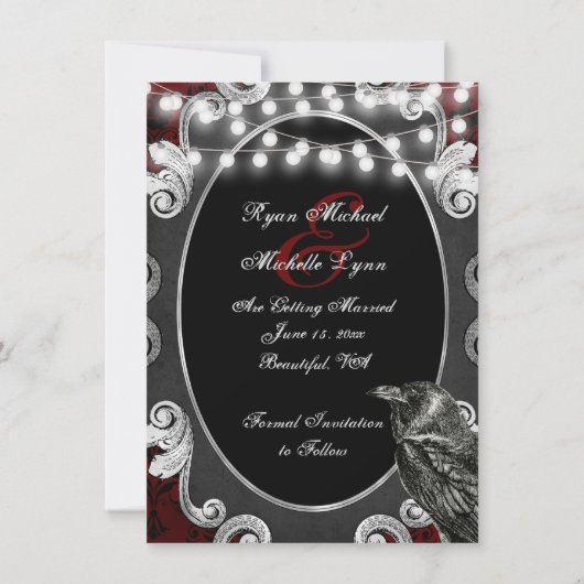 Goth Frame, Crow and Lights on Red Gothic Wedding Save The Date (Rückseite)