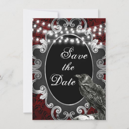 Goth Frame, Crow and Lights on Red Gothic Wedding Save The Date (Vorderseite)