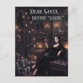 Goth-Frau vor einem gruseligen Weihnachtsbaum Postkarte