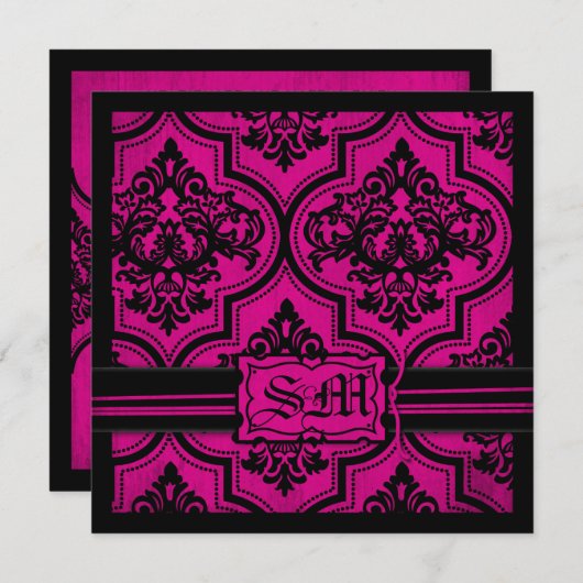 Goth Fuchsia Black Damask Einladungen (Vorne/Hinten)