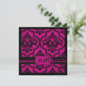 Goth Fuchsia Black Damask Einladungen (Stehend Vorderseite)