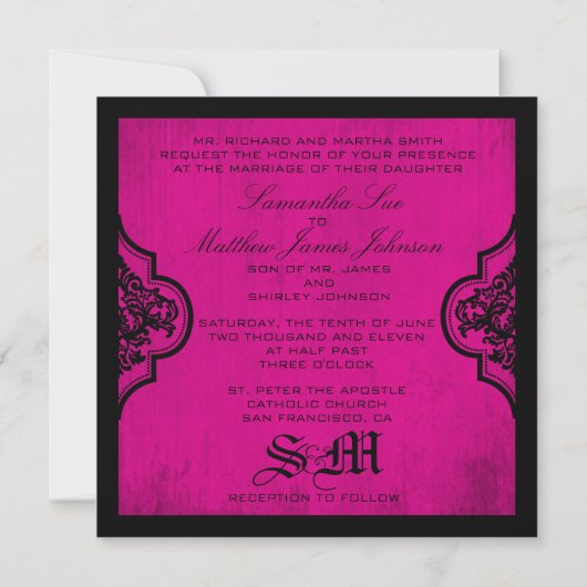 Goth Fuchsia Black Damask Einladungen (Rückseite)