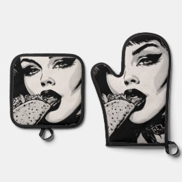 Goth-Girl der 50er BW-Grafikstyle isst einen Taco Ofenhandschuh & Topflappen-Set
