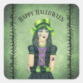 Goth Girl Green Hat Hübsch Eyes Barbed Branches Quadratischer Aufkleber (Vorderseite)