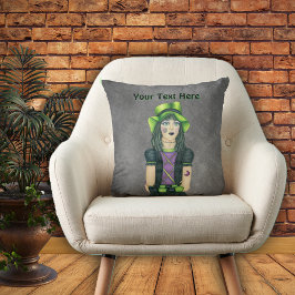 Goth Girl Green Hat Tattoos auf Gray Kissen