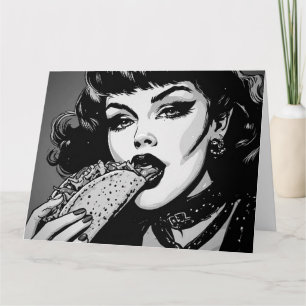 Goth-Girl im Grafikstil der 50er Jahre isst einen Karte