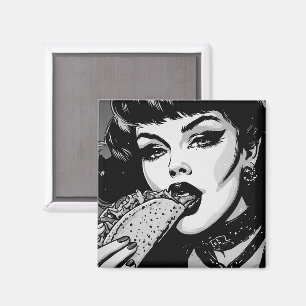 Goth-Girl im Grafikstil der 50er Jahre isst einen  Magnet