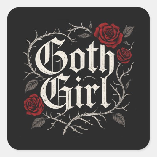 Goth Girl Rote Rose Thorns Typografie Blumengotik Quadratischer Aufkleber (Vorderseite)