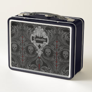 Goth-Grau-Ornament mit Totenkopf personalisiert Metall Brotdose