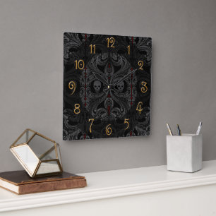 Goth-Grau-Ornament mit Totenkopf Quadratische Wanduhr