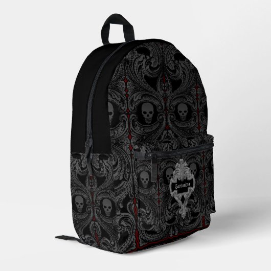 Goth Gray Ornament mit Skull Personalisiert Bedruckter Rucksack (Rückseitige Ecke links)