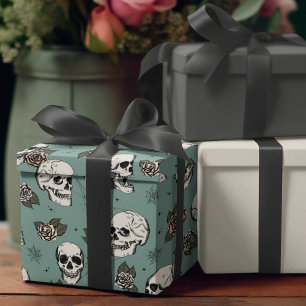 Goth Green Skull und Blume Halloween Geschenkpapier