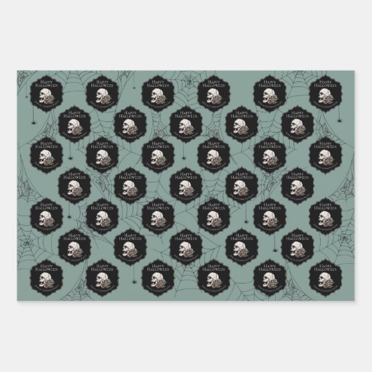 Goth Green Skulls and Stripes Halloween Geschenkpapier Set (Vorderseite)