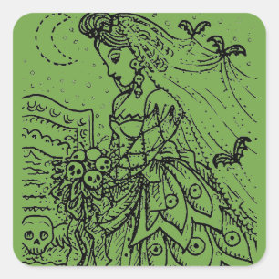 GOTH-HALLOWEEN-BRAUT, FLEDERMÄUSE, SCHLEIER, TOTEN QUADRATISCHER AUFKLEBER