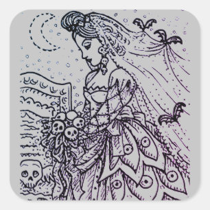 GOTH HALLOWEEN BRIDE, BATTEN, VEIL, SKULL BOUQUET QUADRATISCHER AUFKLEBER