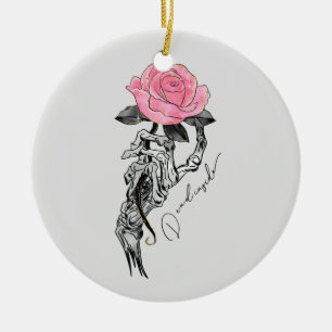 Goth Hand Skelett mit rosa Rose   Toter Innen Keramik Ornament