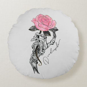 Goth Hand Skelett mit rosa Rose Toter Innen Rundes Kissen