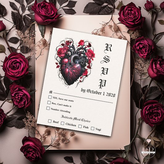 Goth Heart and Rose Crimson Cherry RSVP Karte