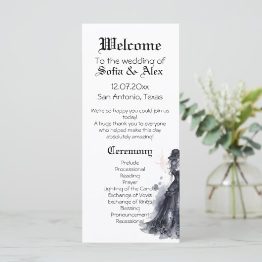 Goth Hochzeit Schwarz Kleid Aquarell Rose Programm (Stehend Vorderseite)